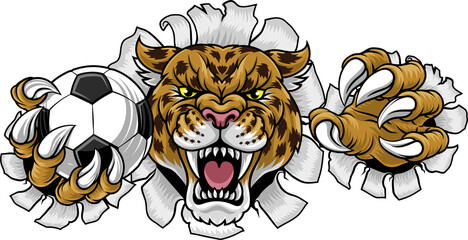 A jaguar, panther, leopard or cheetah wildcat spotted cat soccer football sports team mascot holding a ball © Christos Georghiou