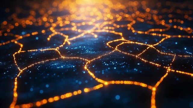 Digital Network: A luminous network of interconnected lines and nodes spreads across a deep space, symbolizing the complex web of modern technology, data, and communication.