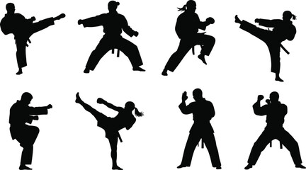 Martial arts silhouette, karate pose vector, taekwondo action clipart, fighter stance illustration, combat training design, cad drawing flat vector illustration