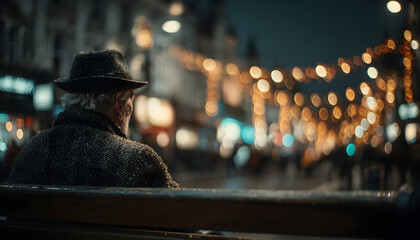 Elderly man sits alone on street bench in city against bright holiday lights. He looks sad and cold amid festive decorations, symbolizing loneliness during Christmas and social issues.