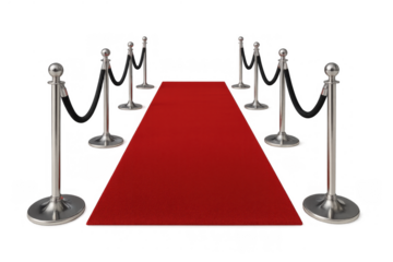 Red carpet leading to success, exclusivity and vip entry, with chrome stanchions and velvet ropes, transparent background