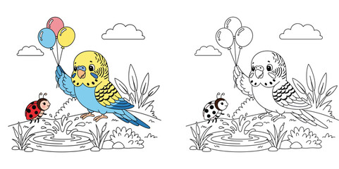 Cute cartoon budgie bird holding balloons and ladybug friend vector illustration featuring a happy parakeet near a water puddle with nature background © MstSangita