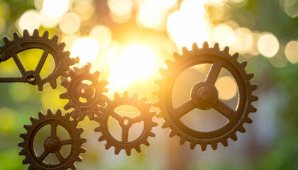 Multiple metal gears in a chain against a bright sunlit bokeh background cogs mechanical