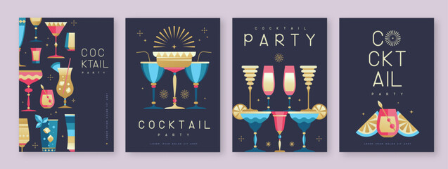 Set of holiday cocktail party posters with cocktail and champagne glasses. Restaurant menu design. Vector illustration © annbozhko