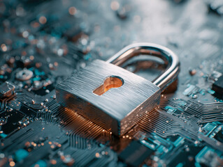 Metallic padlock placed on a complex computer circuit board symbolizing cybersecurity and data protection concepts in a high technology environment