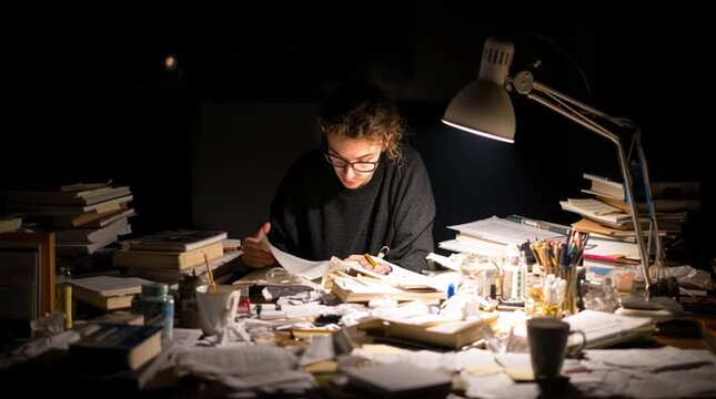 University student studying late at night, surrounded by messy textbooks, notes and empty coffee mugs under a single harsh desk lamp, capturing exam stress, fatigue and student life.
