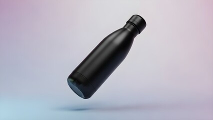 Fototapeta premium Dynamic representation of a black reusable insulated bottle, gracefully suspended against a colorful gradient backdrop, promoting active hydration and conscious living