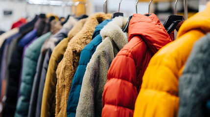 A variety of colorful coats hang on a rack, ready to protect from the cold weather. From puffy jackets to cozy fur-lined styles, these garments offer warmth and fashion.