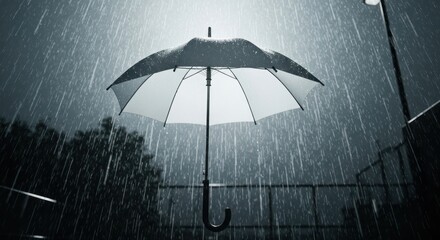 An open umbrella in the rain, illuminated by a lamplight