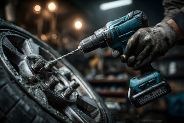 A mechanic tightens bolts on a car wheel with a cordless drill in a workshop, showing hands and tool in action. The scene conveys automotive maintenance, repair work, and professional focus in a
