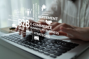 A conceptual image showcasing hands on a laptop with digital graphics representing business strategies, negotiations, and e-commerce within a modern context. Tessel