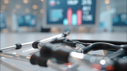 Stethoscope on tablet displaying red financial graph, showing healthcare industry data technology and medical video 4k - Powered by Adobe