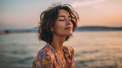A serene woman enjoys a peaceful moment by the water during sunset, embodying tranquility and calm.