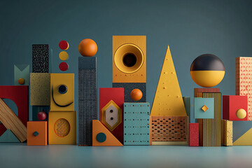 Colorful abstract geometric shapes and forms arranged in a still life composition