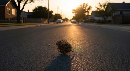 Low-angle view of a street at sunset with a bundle in focus