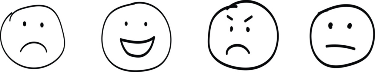 Face emoji icon set. Hand drawn doodle sketch style happy, angry, sad mood face emoticon background. Funny cartoon characters smile, wink, kiss emoji. Cute circle emotion element © Naeem