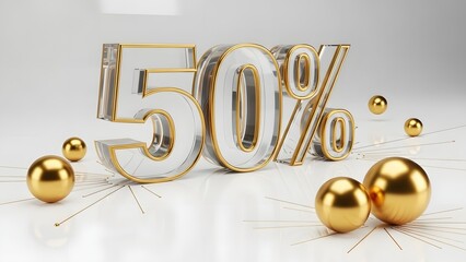 Golden 50 percent discount sign with shiny gold balls on white background