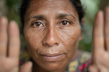 Indigenous woman direct stare into camera with hands framing face, intense eye contact revealing weathered textures and emotional urgency, intimate activist portrait calling for rainforest protection