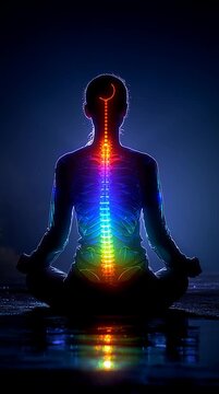 Inner Harmony: A silhouette of a person in a meditation pose, with the spine illuminated in a spectrum of colors, symbolizing the balance of body and mind and the journey to enlightenment. 