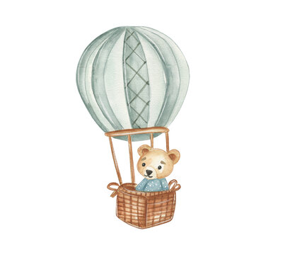Bear in a hot air balloon with scarf and aviator goggles