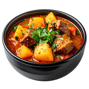 Bolivian mondongo a traditional and hearty pork stew with corn and potatoes served in a bowl and isolated on a white background
