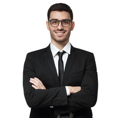 Smiling young businessman in a black suit and glasses standing with arms crossed