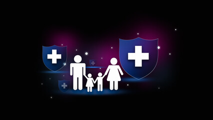 Health cover concept family icon in frame covering plus sign. Health insurance and medical welfare concept. Future healthcare planning. Isolated on Black background best for overlay blending