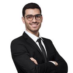 Handsome businessman wearing black suit, white shirt, tie and glasses with arms crossed