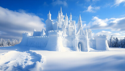 Obraz premium A majestic castle made entirely out of snow in a serene winter landscape