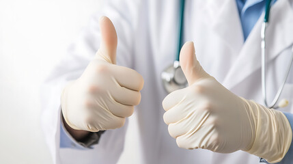 Doctor Wearing Gloves giving a Thumbs-up. A doctor wearing a stethoscope and white coat is giving a thumbs-up with both hands, indicating approval, agreement, or positivity.