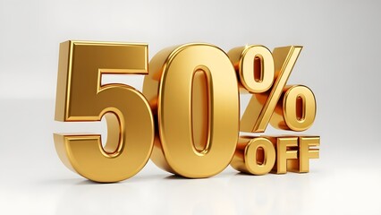 Golden 3d discount sign with fifty percent off on white background