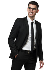 Young handsome businessman walking, making step, wearing formal suit with black suit