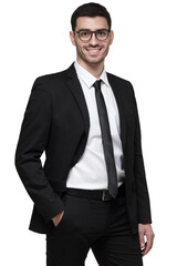 Confident young man in a black suit and glasses smiling while standing with one hand in pocket