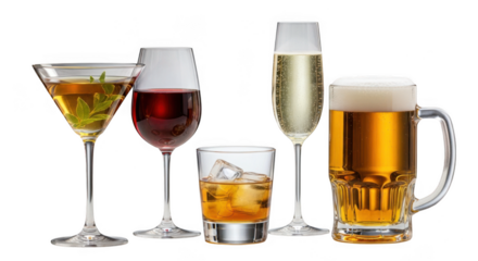 Assorted alcoholic drinks in various glasses isolated on transparent background
