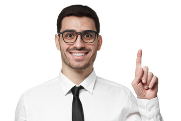 Young businessman pointing upwards with finger as if having found innovative solution or coming up with idea
