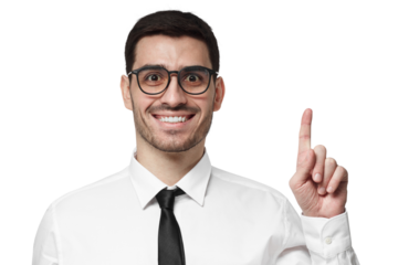 Young businessman pointing upwards with finger as if having found innovative solution or coming up with idea