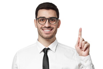 Smiling businessman in white shirt and tie pointing finger up having a great idea or solution