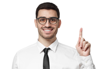 Smiling businessman in white shirt and tie pointing finger up having a great idea or solution