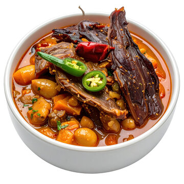 Appetizing olluquito con charqui showcasing the vibrant yellow color and texture of the olluco tuber stew isolated on white background