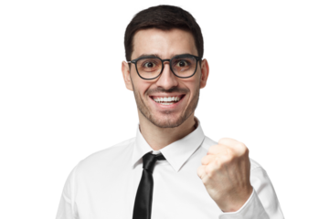 We did it! Corporate office goal success concept. Businessman shouting while his team succeed, raised his fist in victory gesture