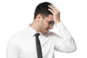 Disappointed businessman making facepalm gesture with hand. Business man face palm concept