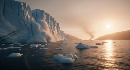 Dramatic sunset over a calving glacier with icebergs floating in the ocean, highlighting environmental change and distant smoke plume.