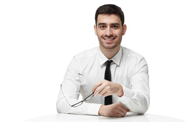 Young businessman or sales manager is reday for effective negotiation, hiring staff on vacancy, making agreement, holding glasses with hand