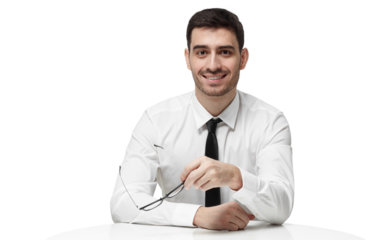 Young businessman or sales manager is reday for effective negotiation, hiring staff on vacancy, making agreement, holding glasses with hand