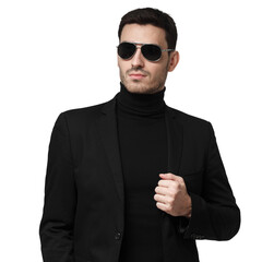 Tough bodyguard or secret agent wearing black suit and sunglasses