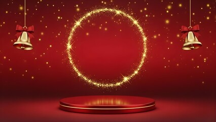 Luxury Christmas Podium with Golden Ring Light and Hanging Festive Bells