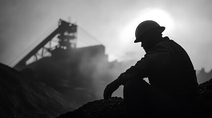Black and white shot of a worker silhouette, donning a hardhat, resting atop a mound. In the backdrop, a towering industrial structure pierces the smokey horizon.