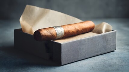 Cigar is sitting on a piece of paper in a box. The box is made of wood and has a dark color. The paper is white and has a slightly crumpled appearance. Concept of relaxation and leisure