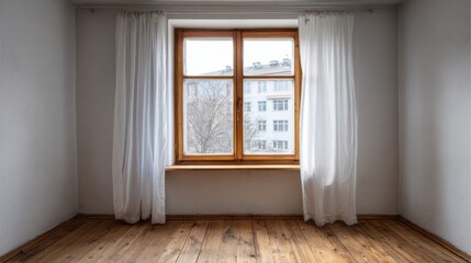 Fototapeta premium Empty room interior featuring a central wooden framed window with sheer white curtains