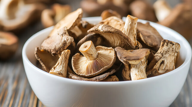 An inviting bowl filled with various mushrooms, showcasing earthy tones and textures on a rustic wooden surface. Natural light highlights the intricate details.